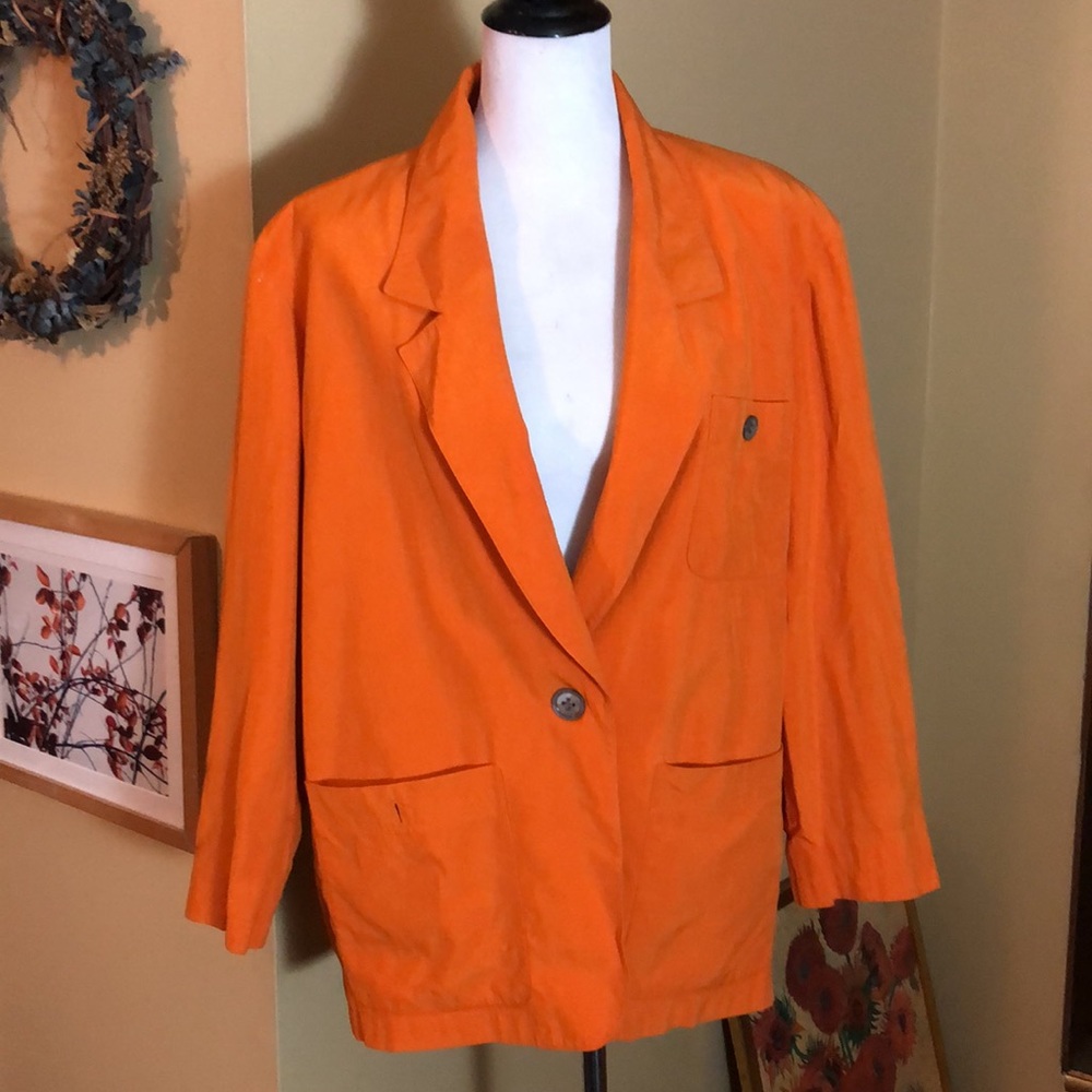 VINTAGE’80s Anne Klein II Size Medium 100% Silk Vivid Orange Longline Blazer - Picture 1 of 16